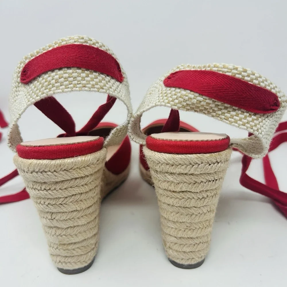 J Crew Espadrille Wedge Heels Size 10 Red Ankle Bow Ties AY315 Canvas Closed Toe